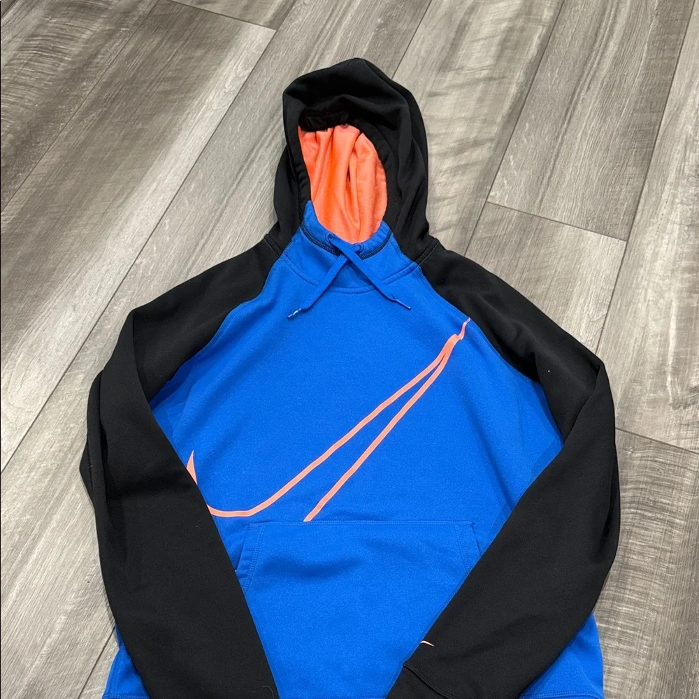 Nike Blue Hooded Sweatshirt with Black Sleeves and Orange Accents